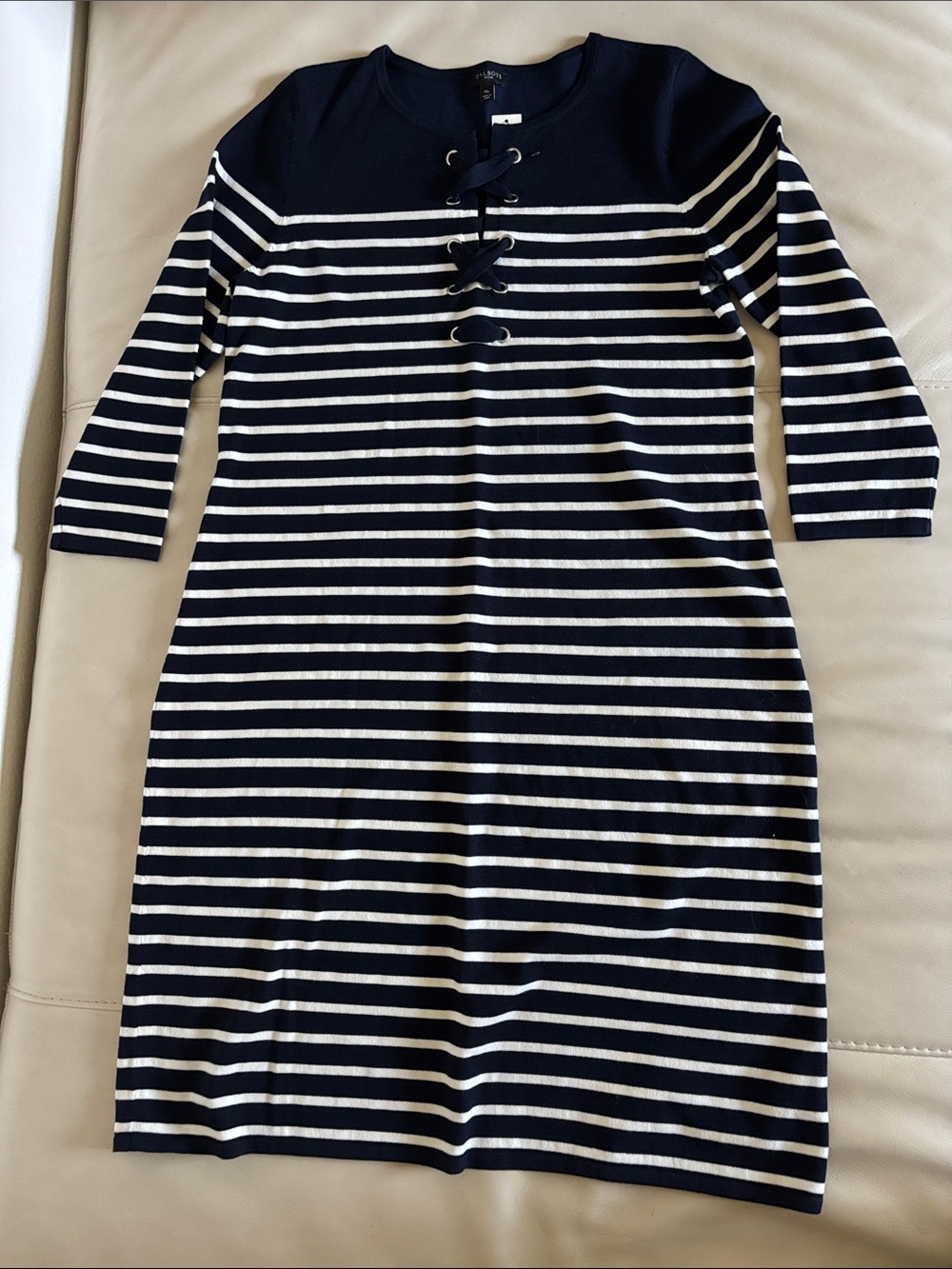 Talbots Navy and White Striped Lace-Up Knit Dress Coastal Marine